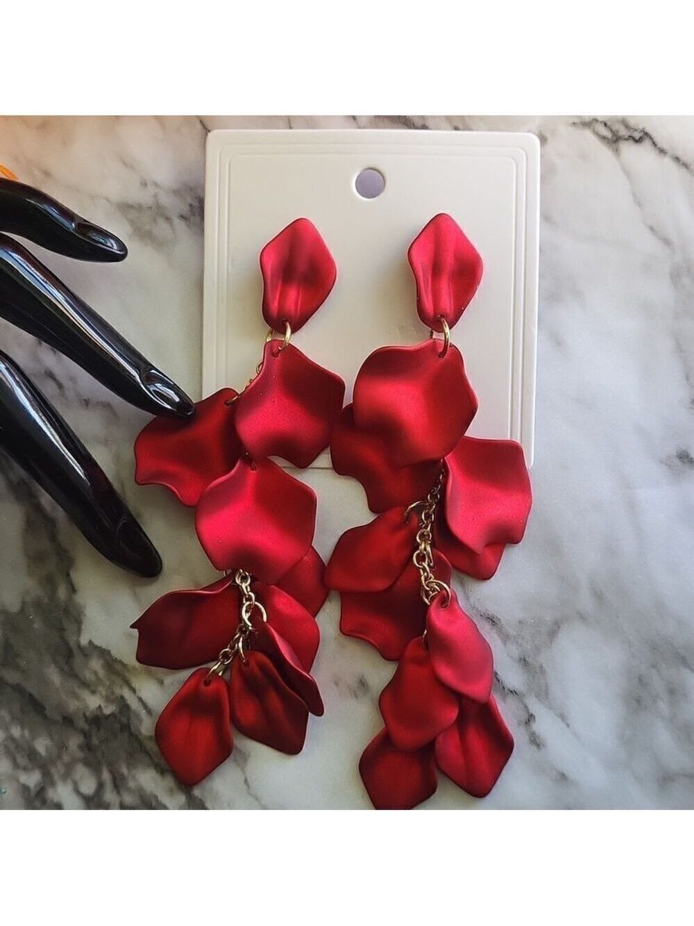 Red Rose Petal Long Earrings